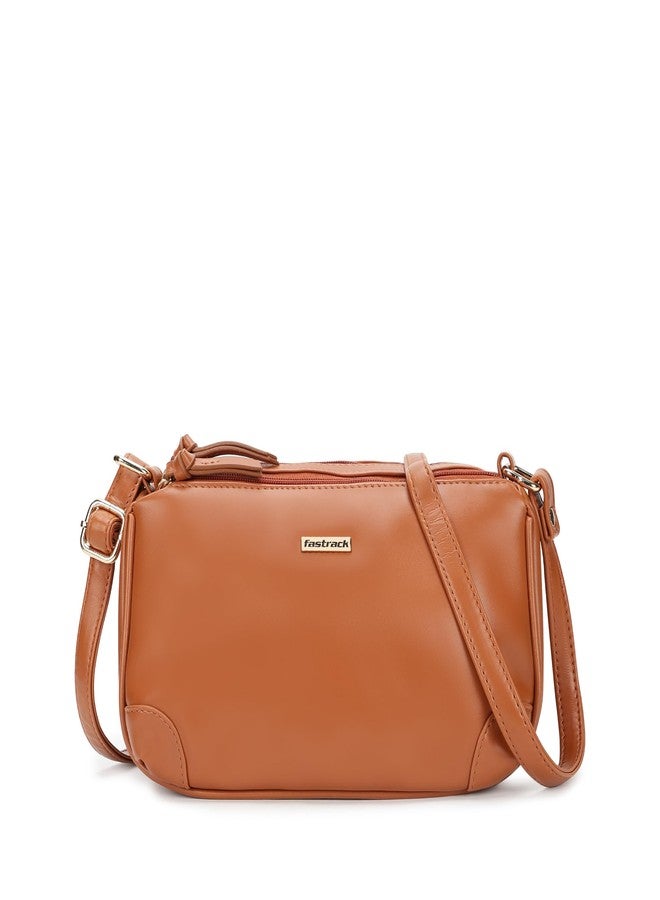 Fastrack Tan Sling Bag for Women | Minimal Faux Leather Crossbody with 2 Zippered Compartments & Quick-Access Pocket | Adjustable Strap Sling for Everyday Outings & College - Image 1